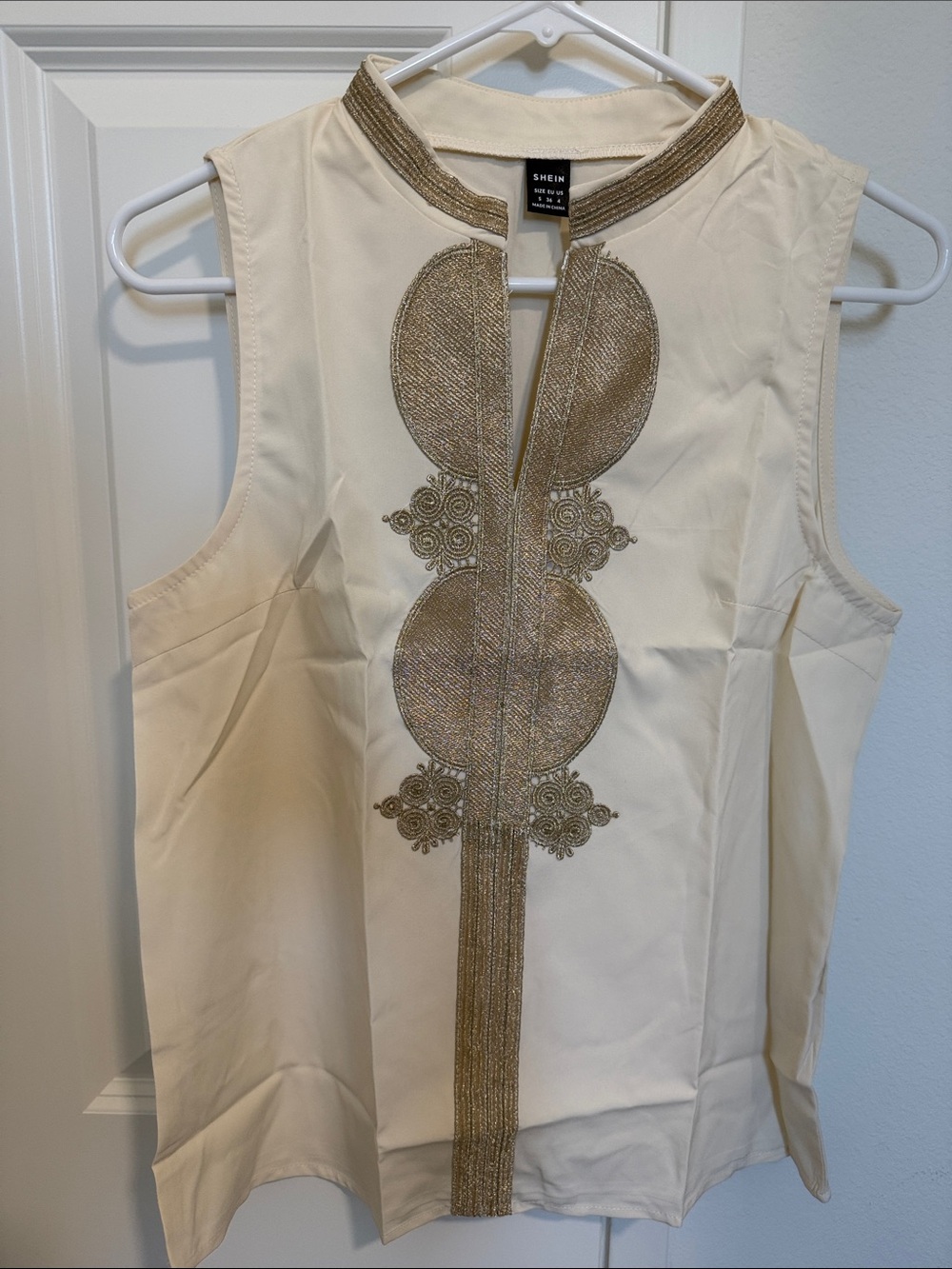 SHEIN Cream Sleeveless Top with Gold Embroidered Front Panel